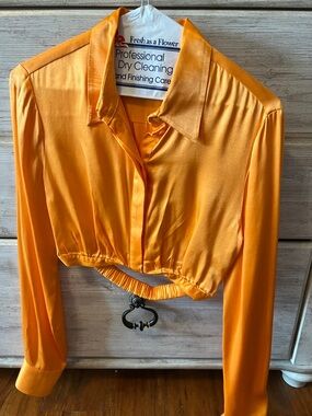 Zara Orange Satin Long Sleeve Cropped Shirt